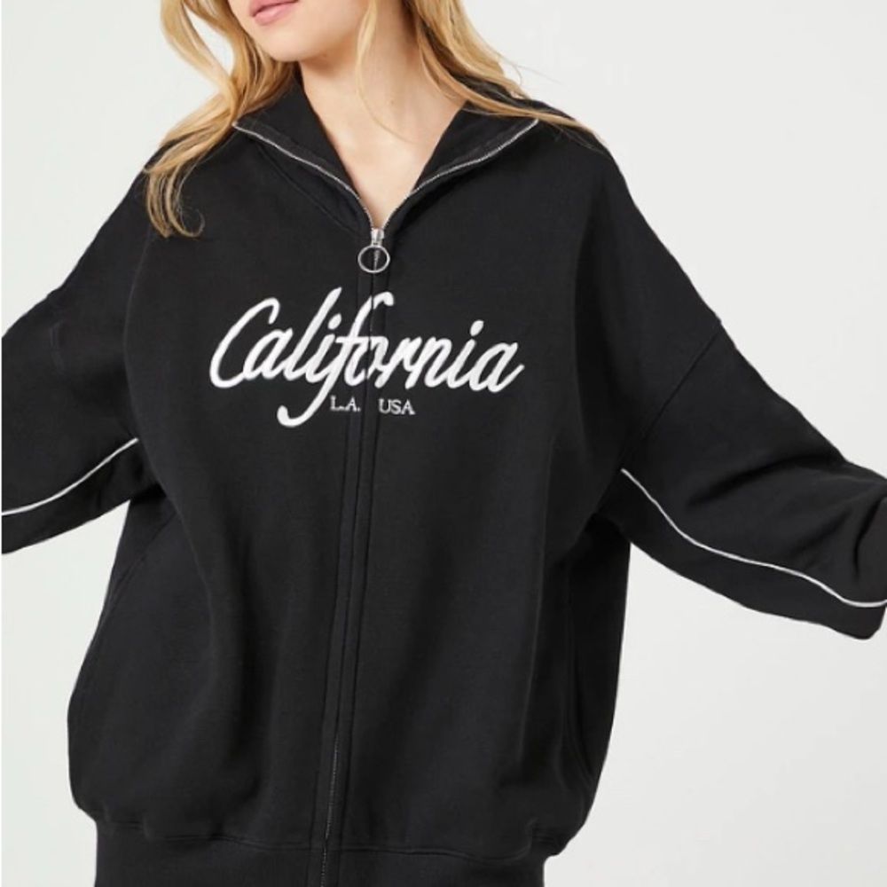 Forever 21 Black white stitch California LA embroidered fleece Zip-Up Jacket NWT